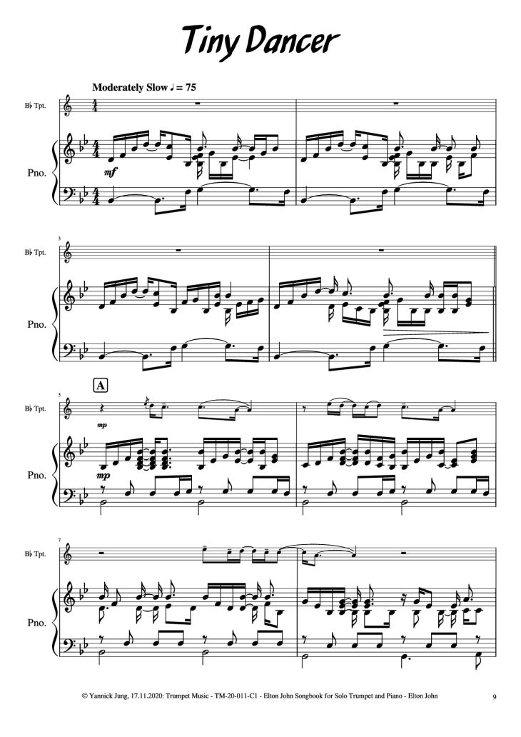 Page 10 of the piano sheet music PDF Piano – Elton John Songbook for Solo Trumpet and Piano by Music: Elton JohnArr.: Yannick Jung, 2020