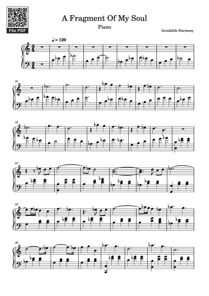 Page 1 of the piano sheet music PDF Piano – A Fragment Of My Soul Piano by Invadable Harmony