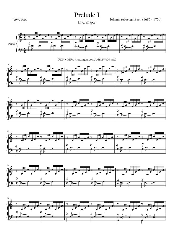 Page 1 of the piano sheet music PDF Piano – Prelude I in C major, BWV 846 - Well Tempered Clavier by Johann Sebastian Bach