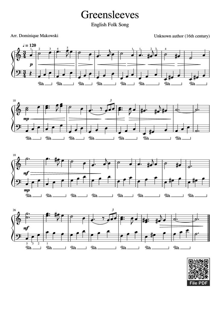 Page 1 of the piano sheet music PDF Piano – Greensleeves Piano by Unknown author (16th century