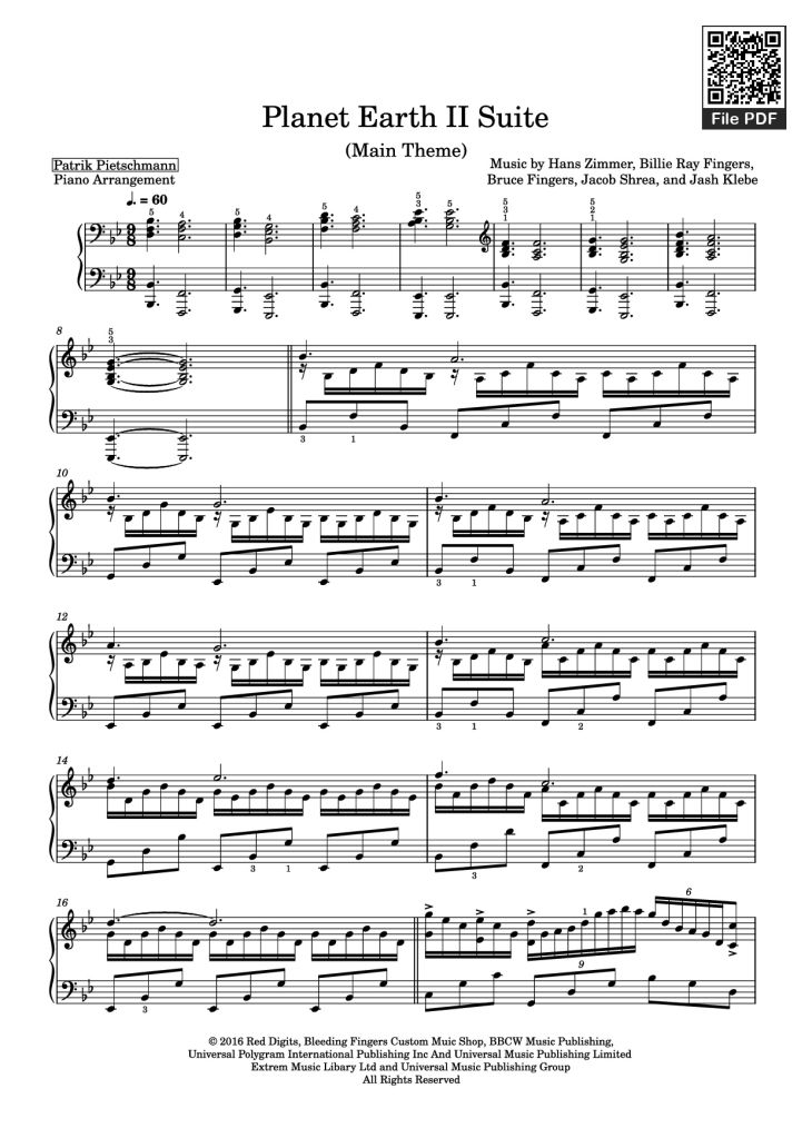 Page 1 of the piano sheet music PDF Piano – Planet Earth II Suite Piano by Music by Hans Zimmer, Billie Ray Fingers