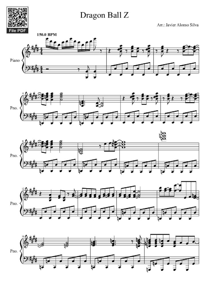 Page 1 of the piano sheet music PDF Piano – Dragon Ball Z Piano by Arr.: Javier Alonso Silva