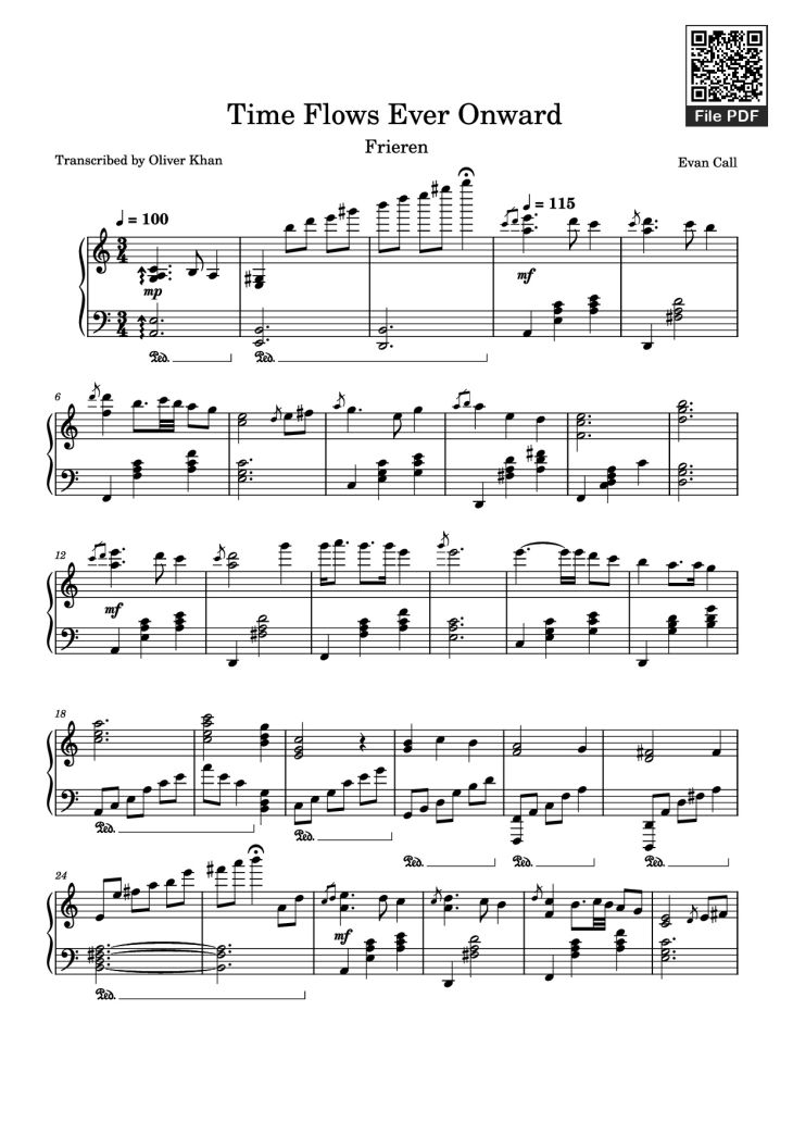 Page 1 of the piano sheet music PDF Piano – Time Flows Ever Onward Piano by Evan Call