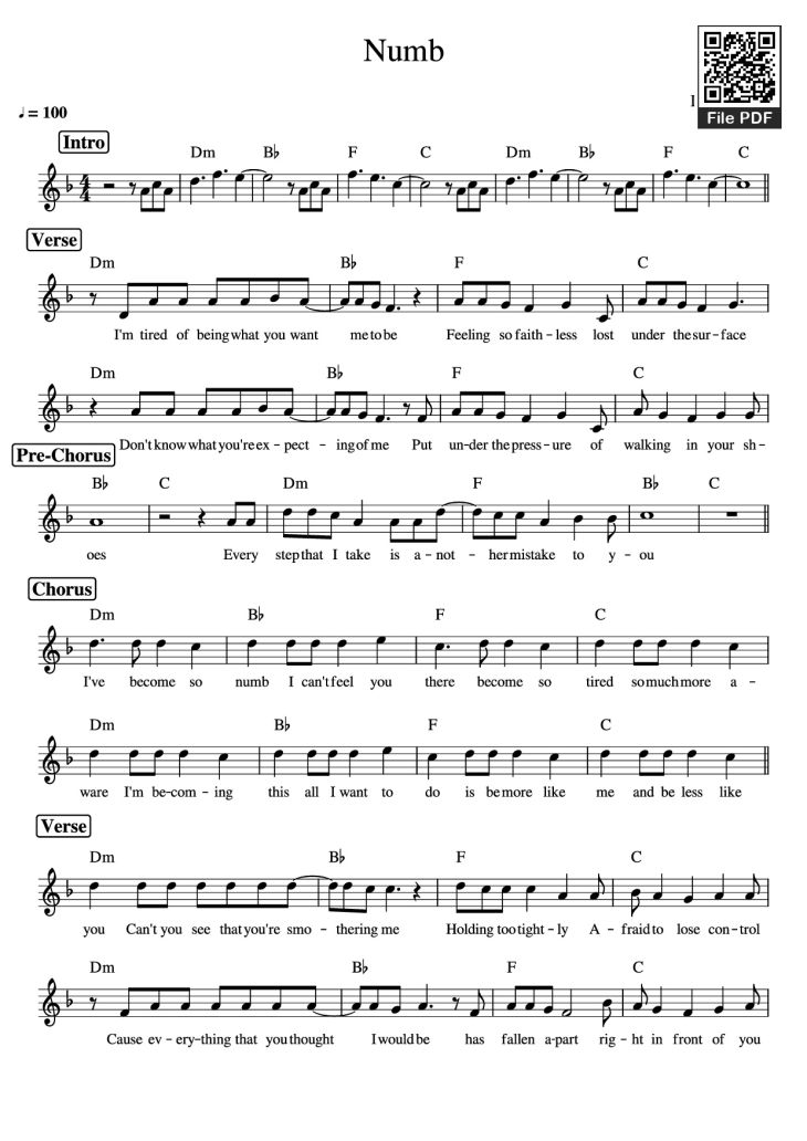 Page 1 of the piano sheet music PDF Piano – Numb Piano by Linkin Park