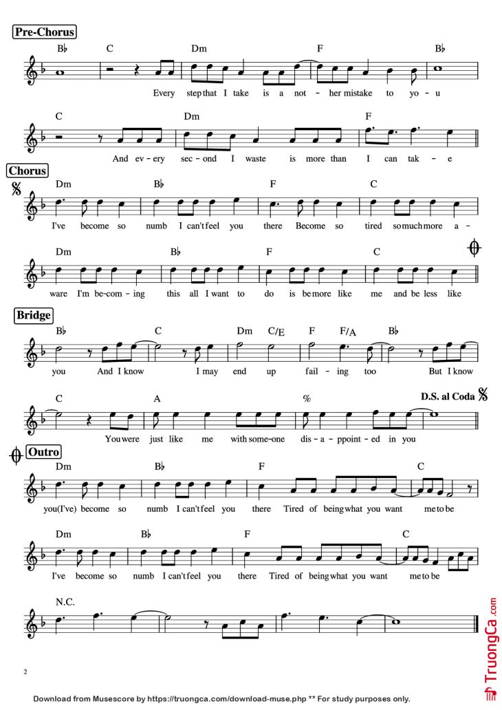 Page 2 of the piano sheet music PDF Piano – Numb Piano by Linkin Park