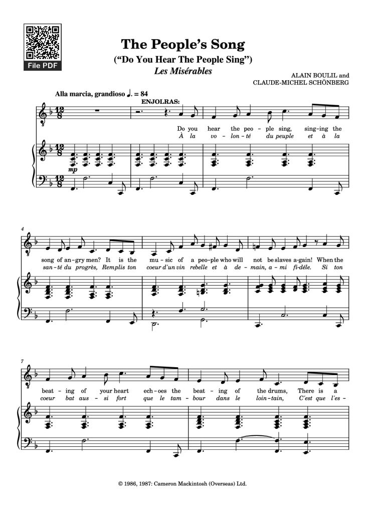 Page 1 of the piano sheet music PDF – The People’s Song Piano by ALAIN BOULIL and