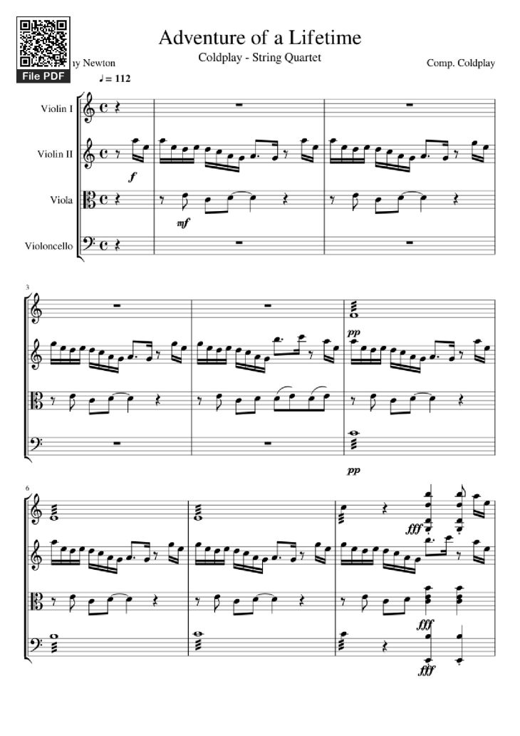Page 1 of the piano sheet music PDF – Adventure of a Lifetime Violin by Comp. Coldplay