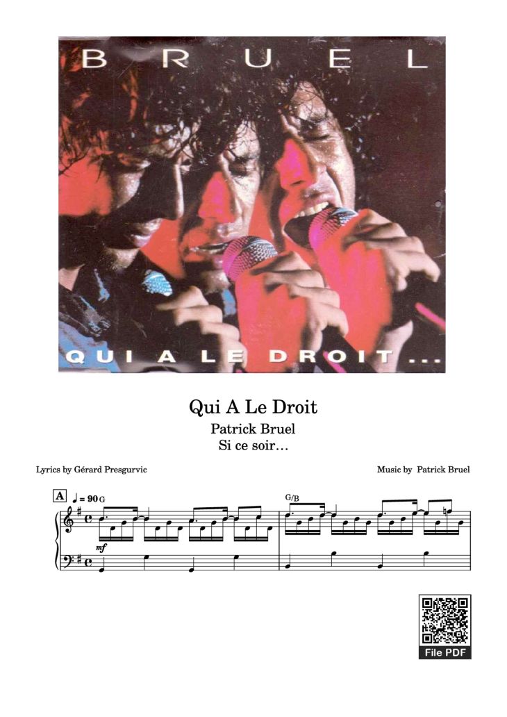 Page 1 of the piano sheet music PDF Piano – Qui a le droit Piano by Patrick Bruel