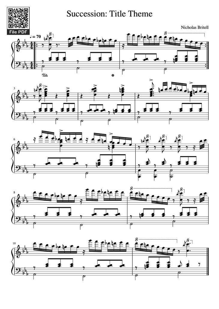 Page 1 of the piano sheet music PDF Piano – Succession: Title Theme Piano by Nicholas Britell