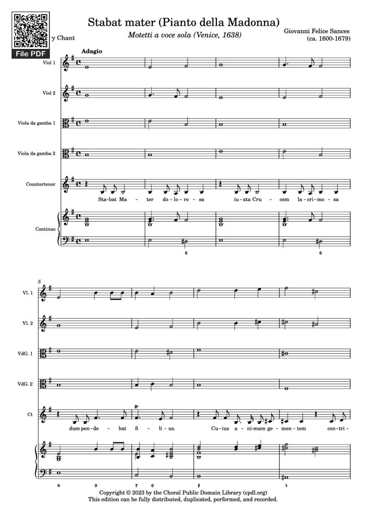 Page 1 of the piano sheet music PDF Piano – Stabat mater (Pianto della Madonna) Piano by Giovanni Felice Sances