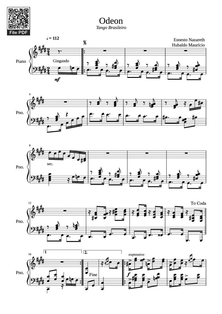 Page 1 of the piano sheet music PDF Piano – Odeon Piano by Esnesto Nazareth Hubaldo Maurício