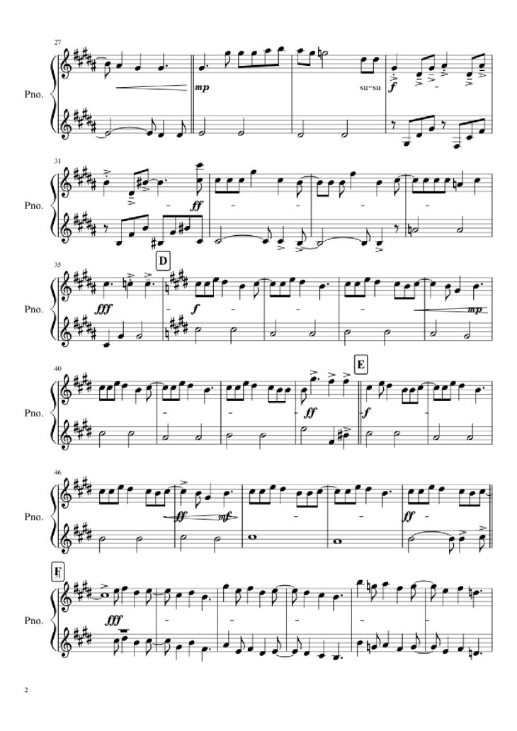 Page 2 of the piano sheet music PDF Piano – guren no yumiya Piano by Volla & Alecca vers