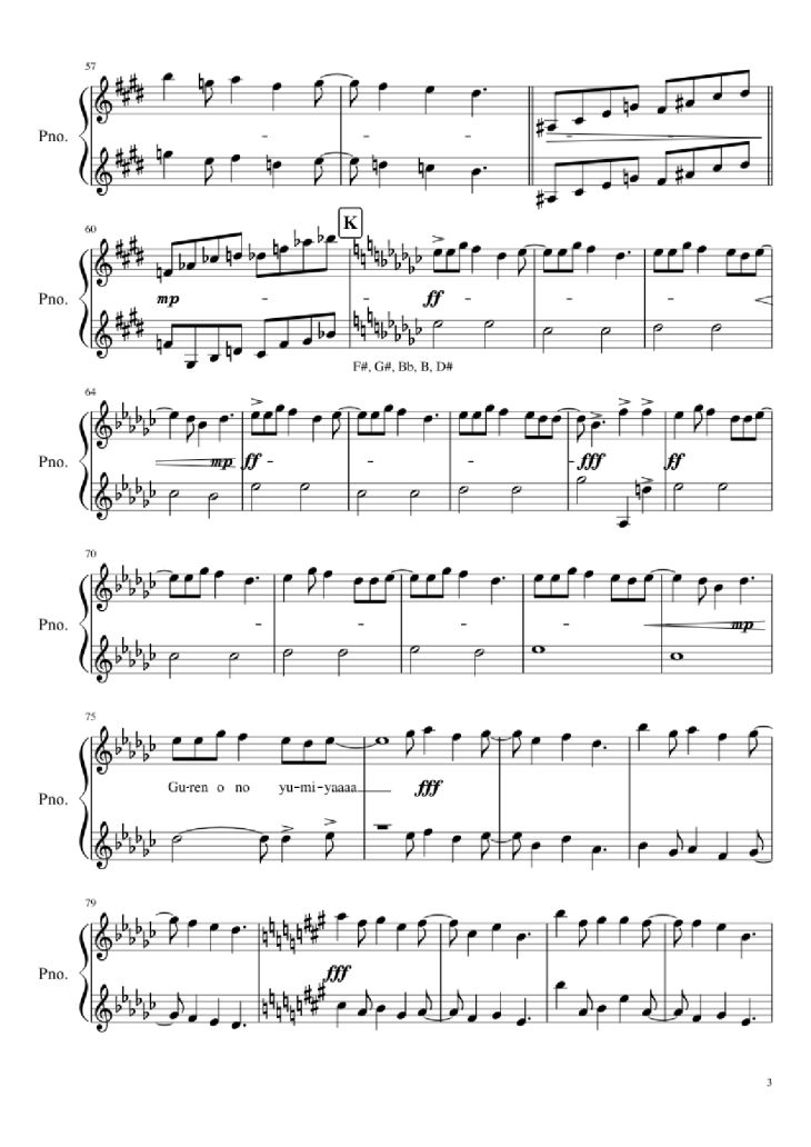 Page 3 of the piano sheet music PDF Piano – guren no yumiya Piano by Volla & Alecca vers