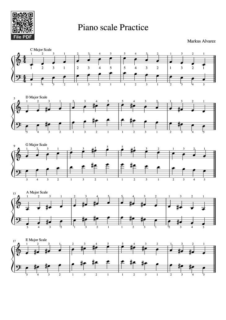 Page 1 of the piano sheet music PDF Piano – Piano scale Practice by Markus Alvarez