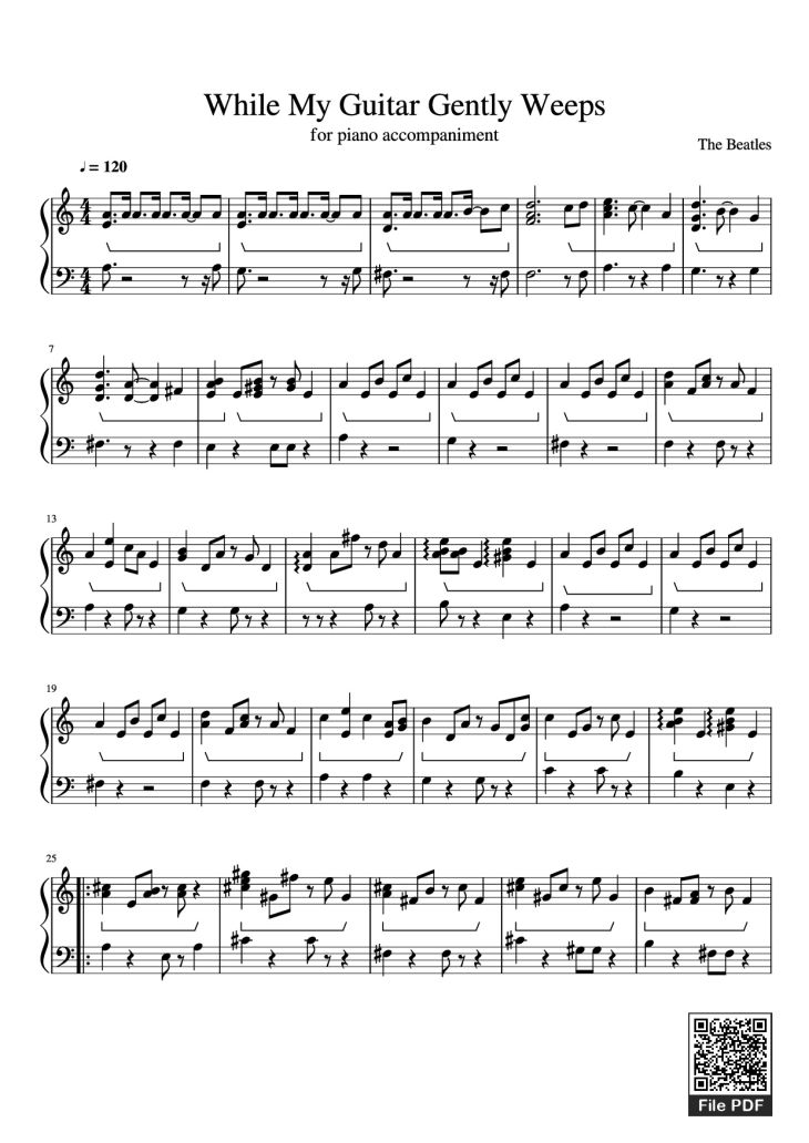 Page 1 of the piano sheet music PDF Piano Guitar Tab – While My Guitar Gently Weeps Piano by The Beatles