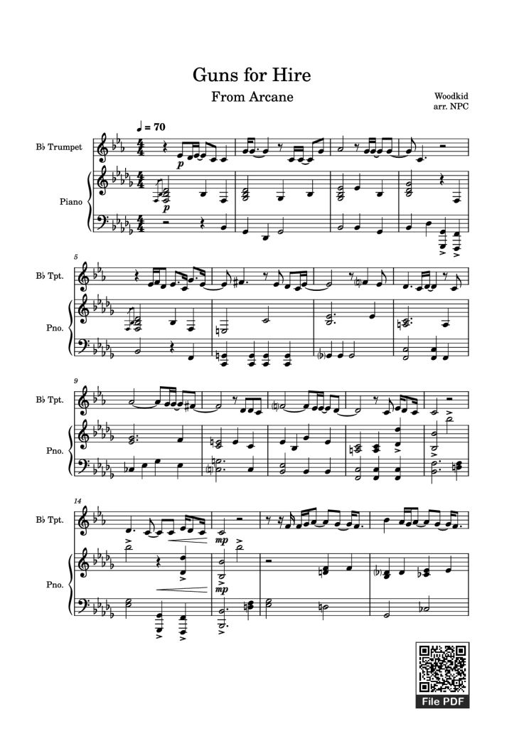 Page 1 of the piano sheet music PDF Piano – Guns for Hire Piano by Woodkid
