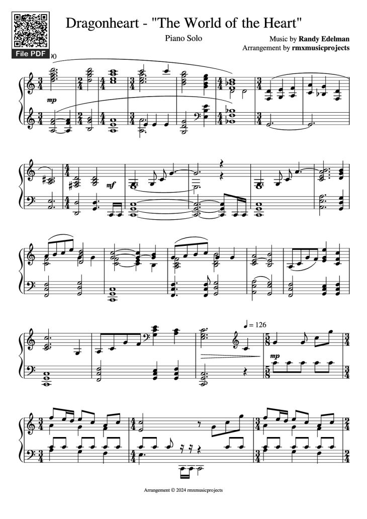 Page 1 of the piano sheet music PDF Piano – Dragonheart - The World of the Heart Piano by Music by Randy Edelman