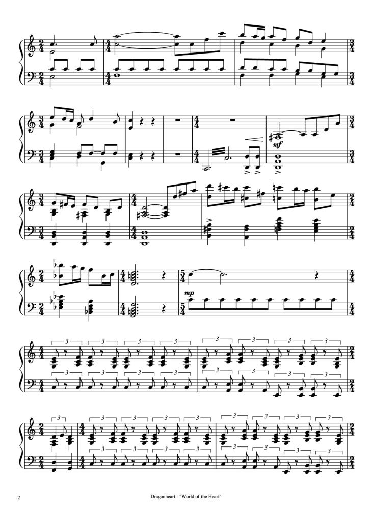 Page 2 of the piano sheet music PDF Piano – Dragonheart - The World of the Heart Piano by Music by Randy Edelman