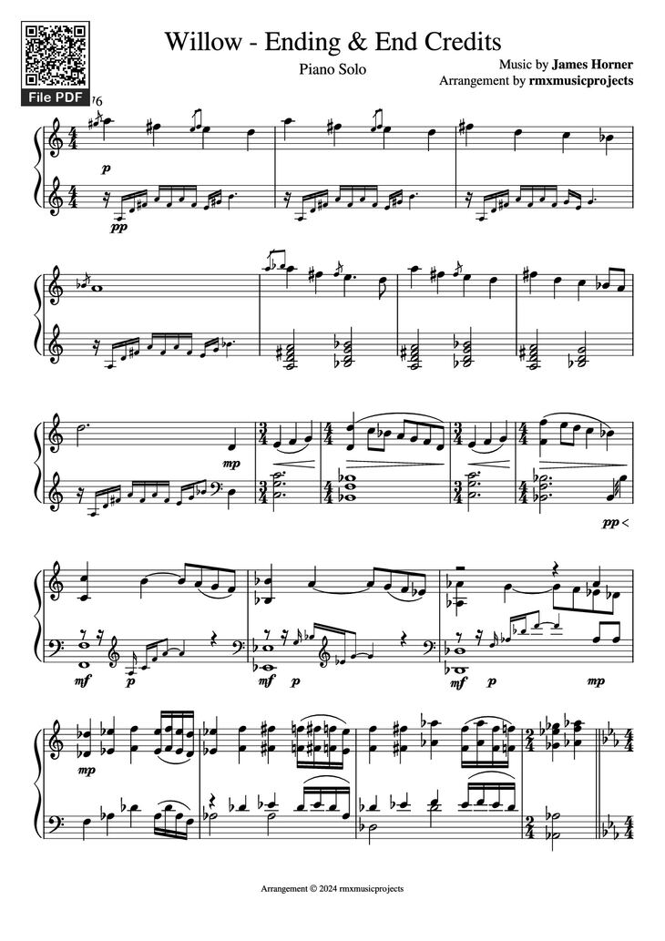 Page 1 of the piano sheet music PDF Piano – Willow - Ending & End Credits Piano by Music by James Horner