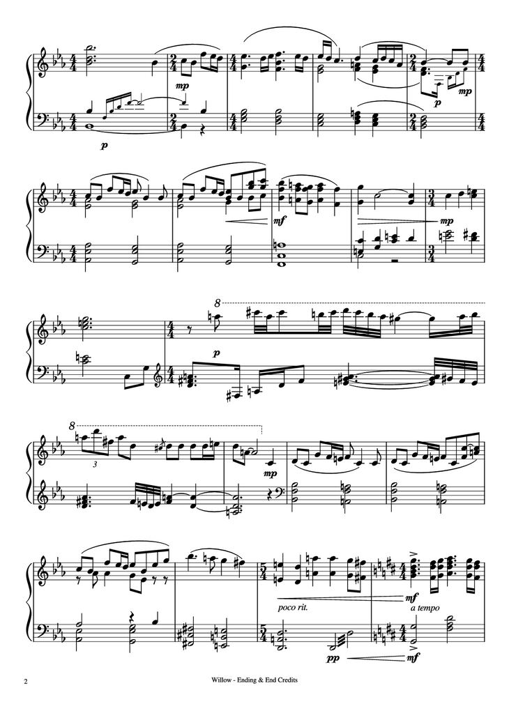 Page 2 of the piano sheet music PDF Piano – Willow - Ending & End Credits Piano by Music by James Horner