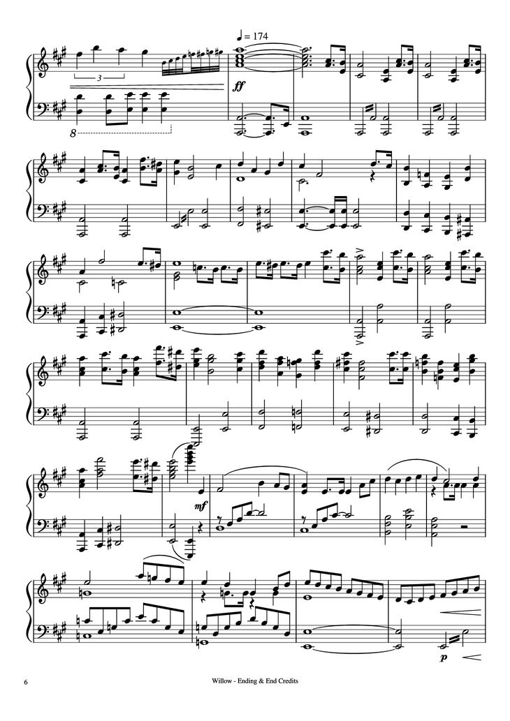 Page 6 of the piano sheet music PDF Piano – Willow - Ending & End Credits Piano by Music by James Horner