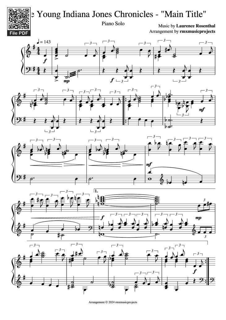 Page 1 of the piano sheet music PDF Piano – The Young Indiana Jones Chronicles - Main Title Piano by Music by Laurence Rosenthal