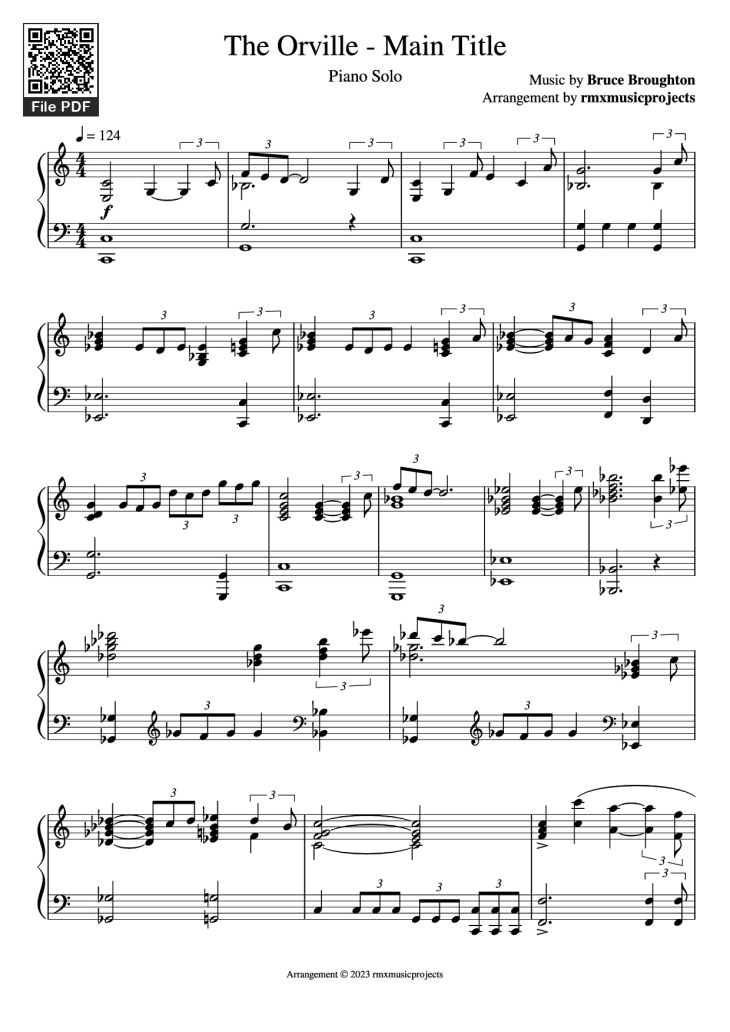 Page 1 of the piano sheet music PDF Piano – The Orville - Main Title Piano by Music by Bruce Broughton