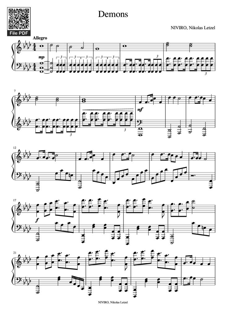 Page 1 of the piano sheet music PDF Piano – Demons Piano by NIVIRO, Nikolas Letzel