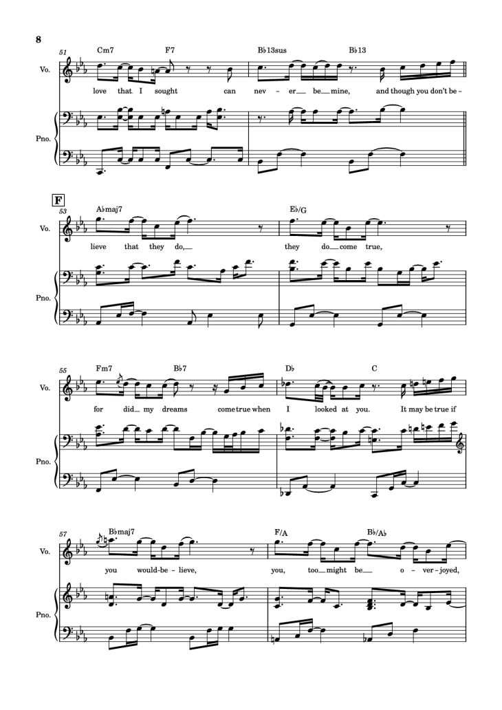 Page 8 of the piano sheet music PDF Piano – Overjoyed Piano-vocal by Stevie Wonder