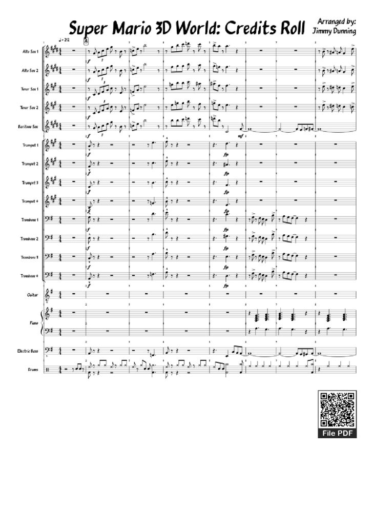 Page 1 of the piano sheet music PDF Piano – Super Mario 3D World: Credits Roll Piano by Arranged by: Jimmy Dunning