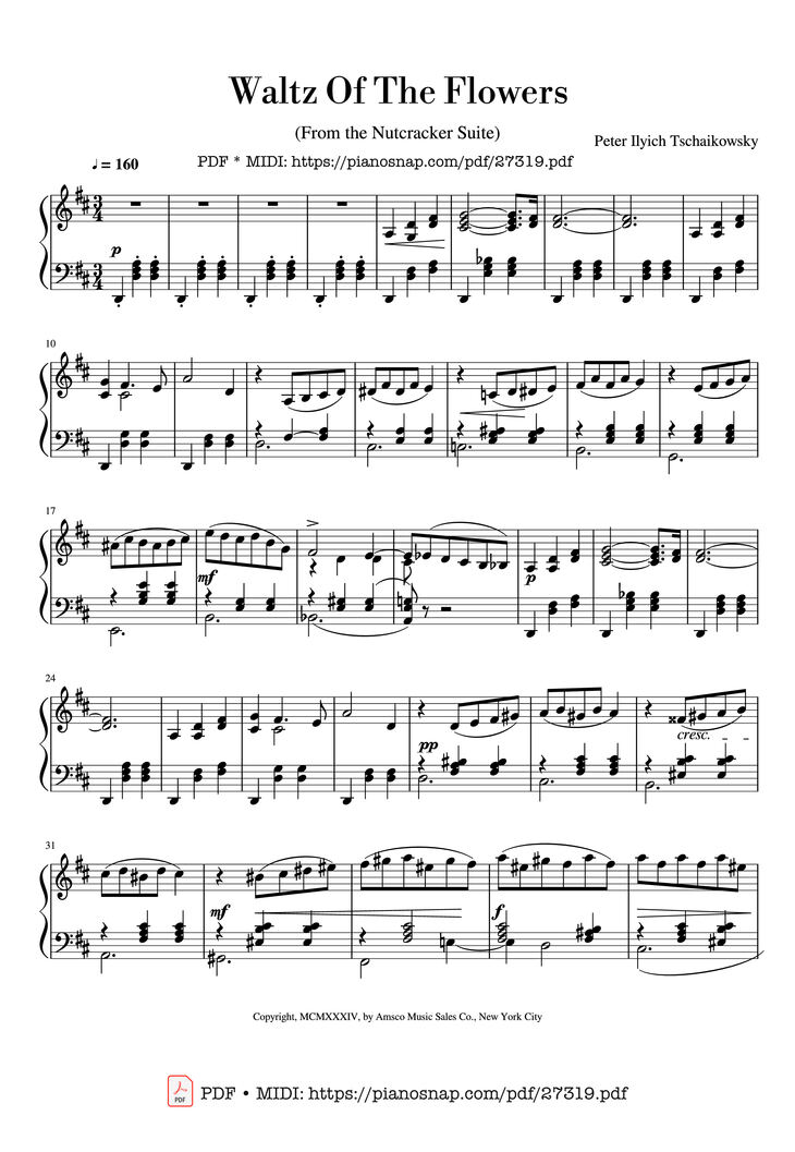 Page 1 of the piano sheet music PDF Piano – Waltz Of The Flowers Piano by Peter Ilyich Tschaikowsky