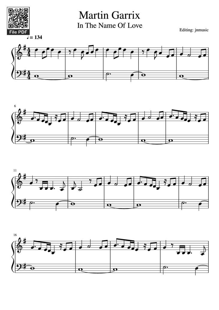 Page 1 of the piano sheet music PDF Piano – Martin Garrix Piano by Editing: jnmusic