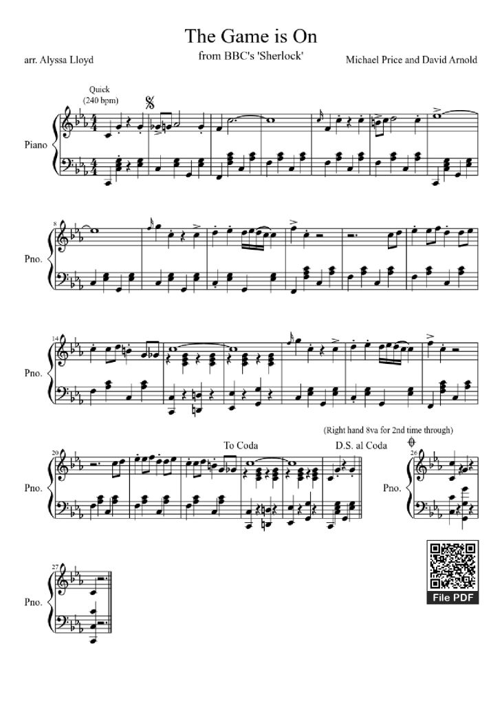 Page 1 of the piano sheet music PDF Piano – The Game is On Piano by Michael Price and David Arnold