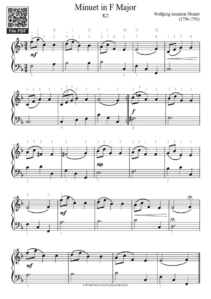 Page 1 of the piano sheet music PDF Piano – Minuet in F Major Piano by Wolfgang Amadeus Mozart