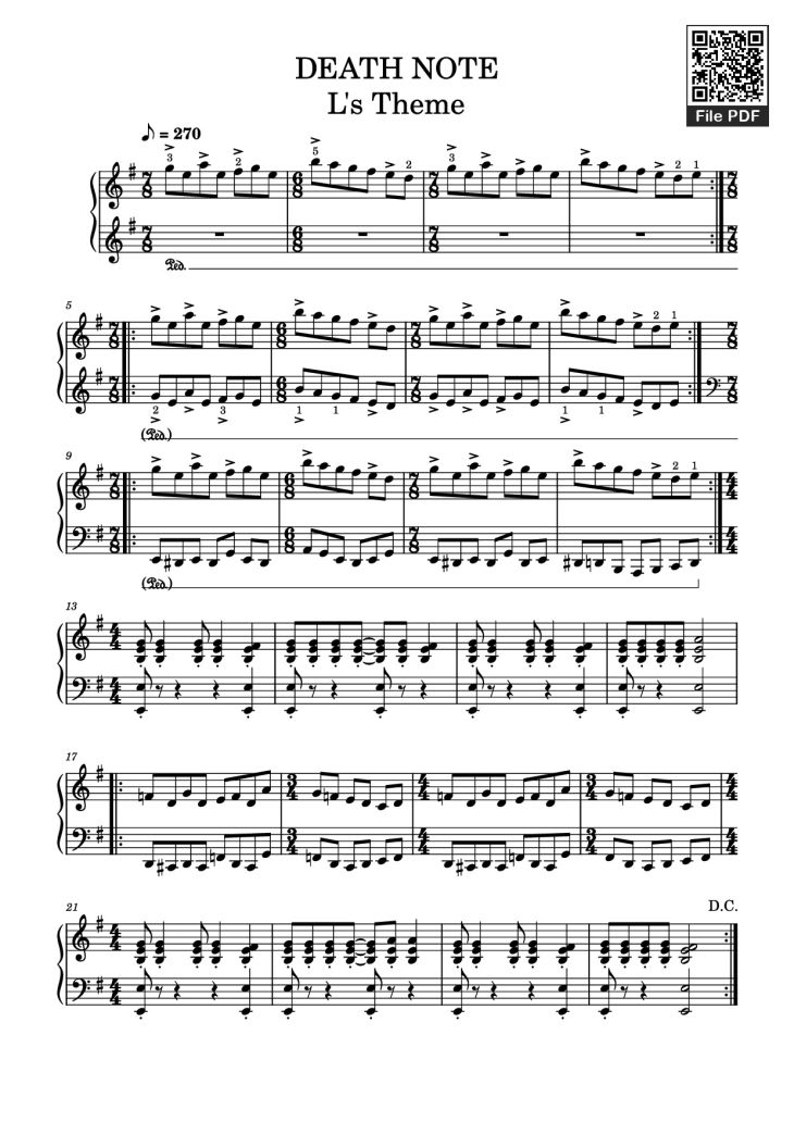 Page 1 of the piano sheet music PDF Piano – DEATH NOTE L