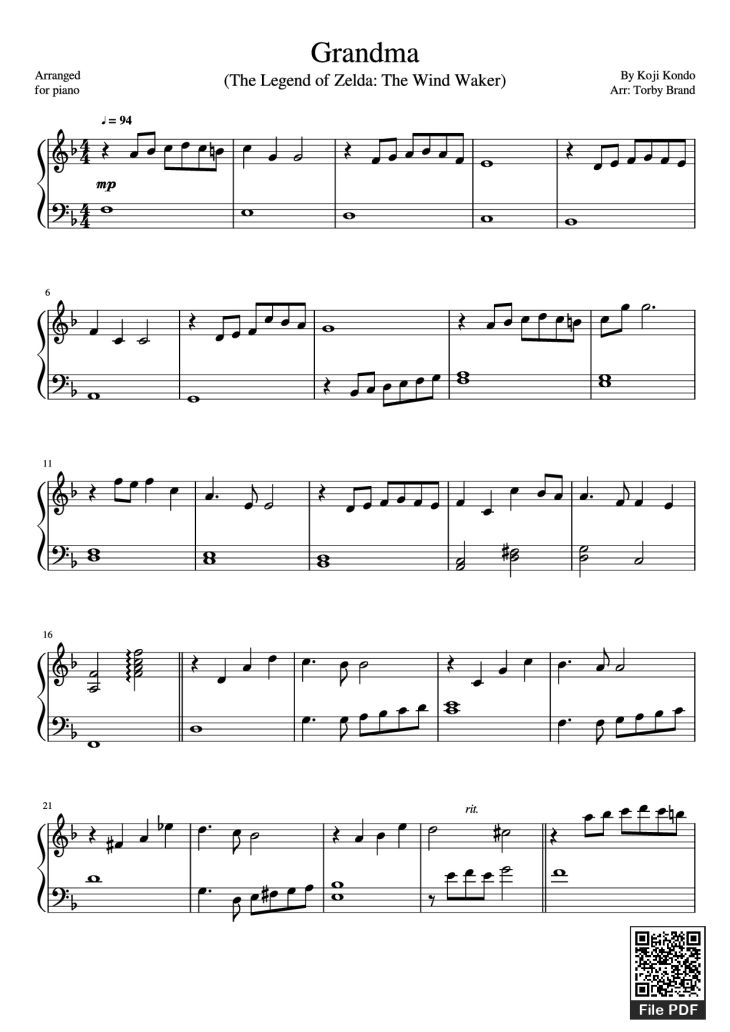 Page 1 of the piano sheet music PDF Piano – Grandma Piano by Koji Kondo