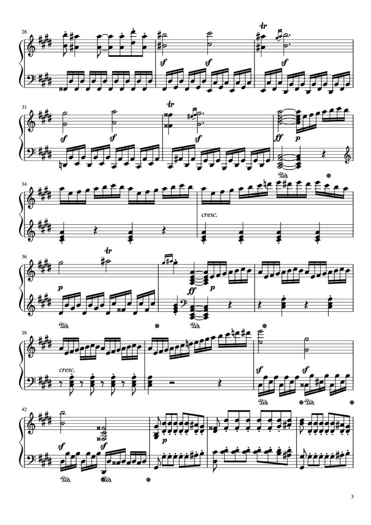 Page 3 of the piano sheet music PDF Piano – Sonata in C# Minor, Moonlight Piano by LUDWIG VAN BEETHOVEN