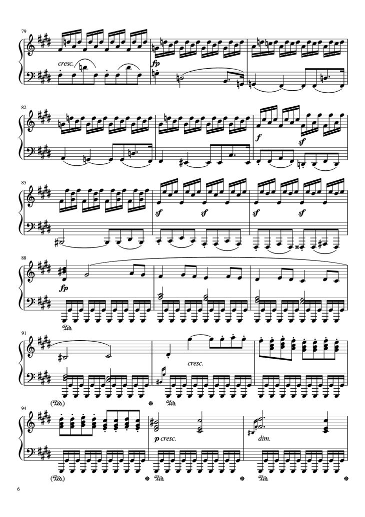 Page 6 of the piano sheet music PDF Piano – Sonata in C# Minor, Moonlight Piano by LUDWIG VAN BEETHOVEN