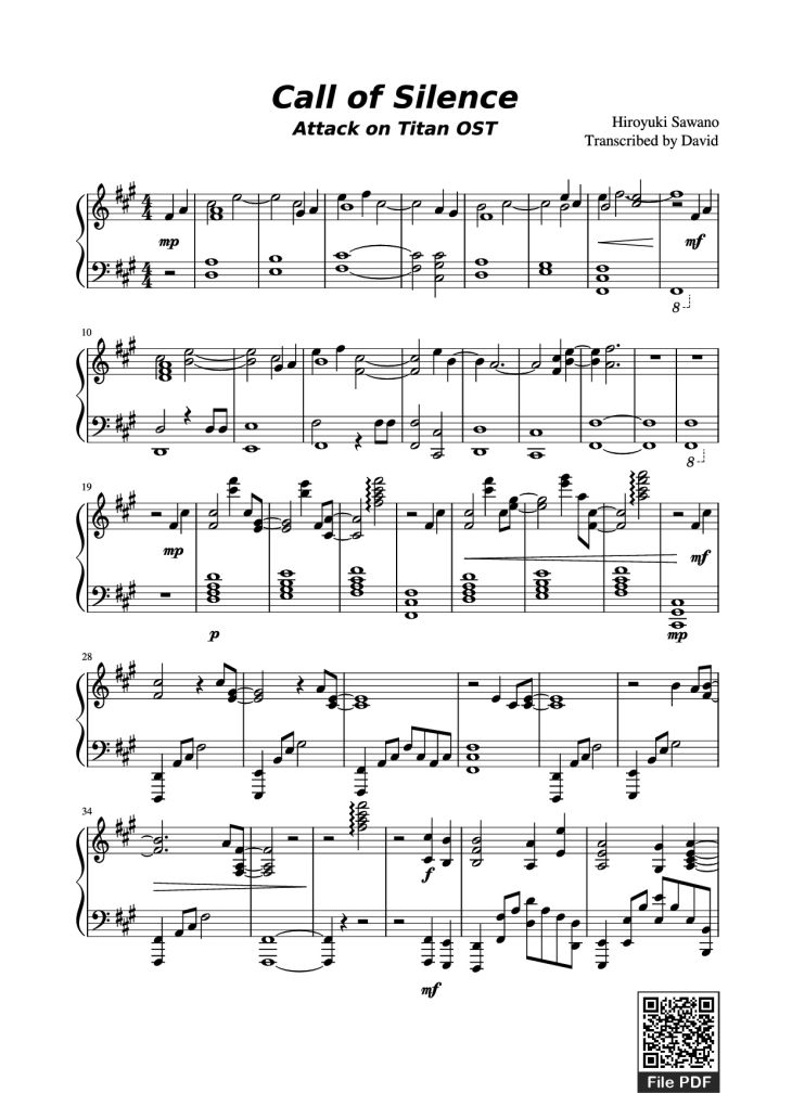 Page 1 of the piano sheet music PDF Piano – Call of Silence Piano by Hiroyuki Sawano