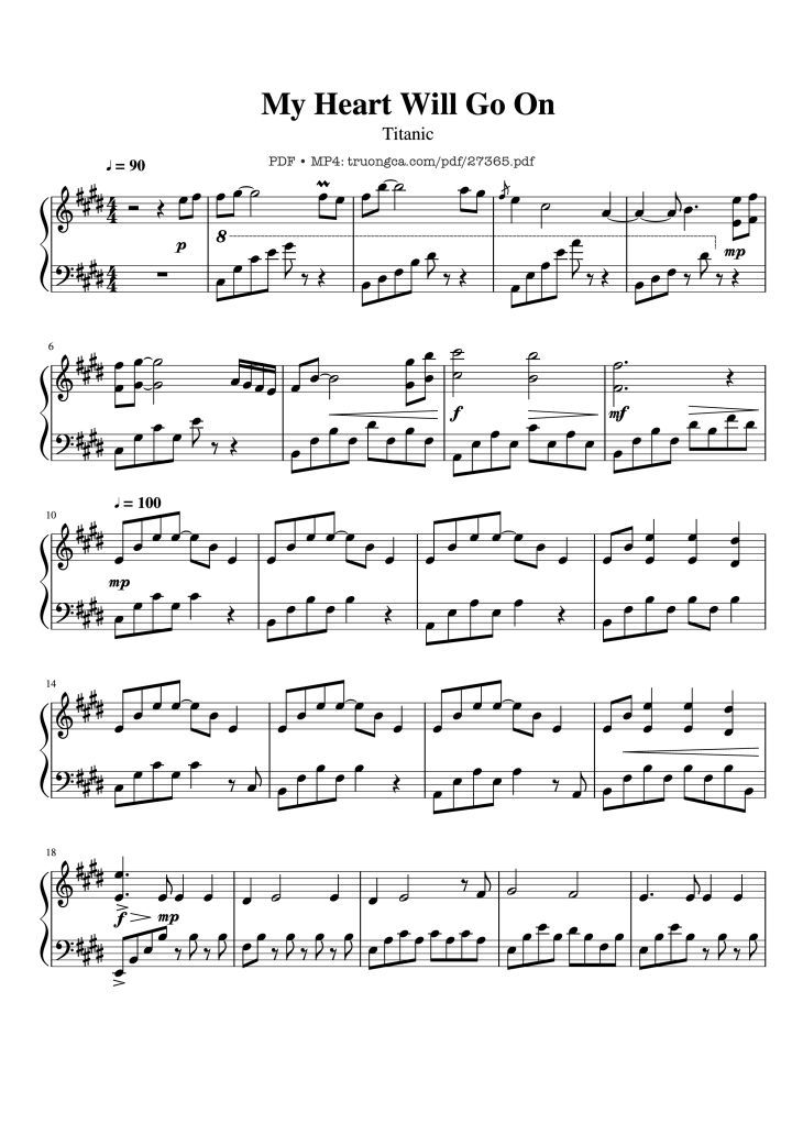 Page 1 of the piano sheet music PDF Piano – My Heart Will Go On Piano by Céline Dion