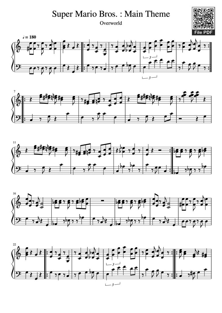 Page 1 of the piano sheet music PDF Piano – Super Mario Bros. : Main Theme Piano by Undefined
