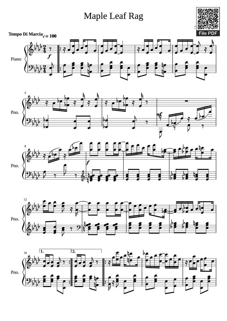 Page 1 of the piano sheet music PDF Piano – Maple Leaf Rag Piano by Scott Joplin