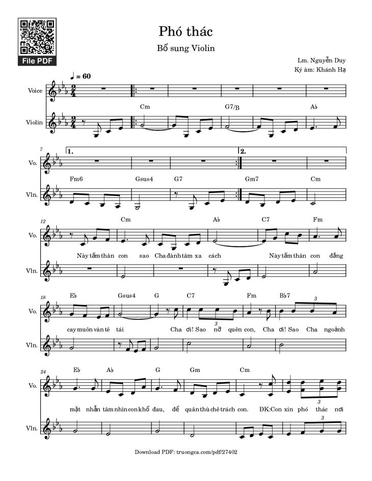 Page 1 of the piano sheet music PDF – Phó Thác (Thêm bè Violin) by Nguyễn Duy