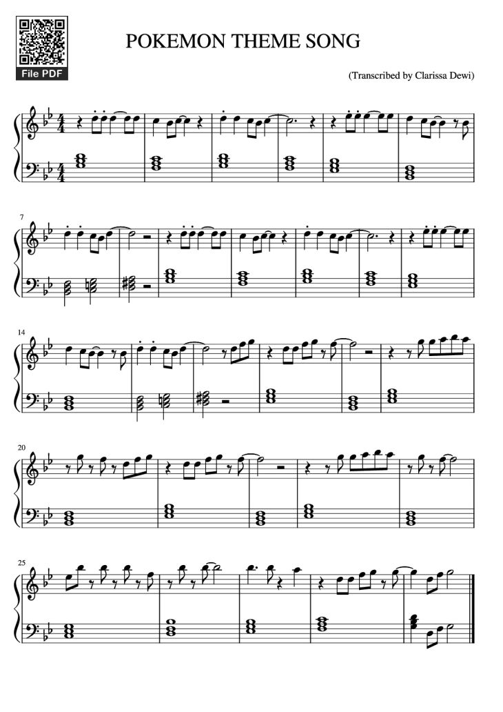 Page 1 of the piano sheet music PDF Piano – POKEMON THEME SONG Piano by Transcribed by Clarissa Dewi