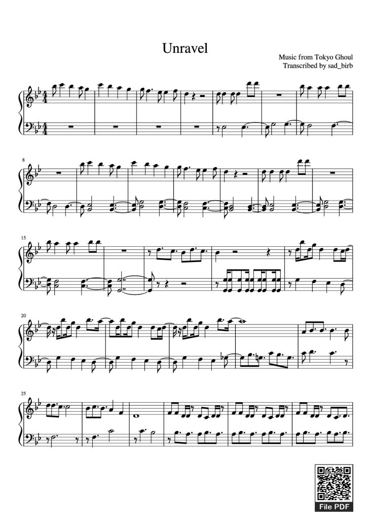 Page 1 of the piano sheet music PDF Piano – Unravel Piano by Music from Tokyo Ghoul Transcribed by sad_birb