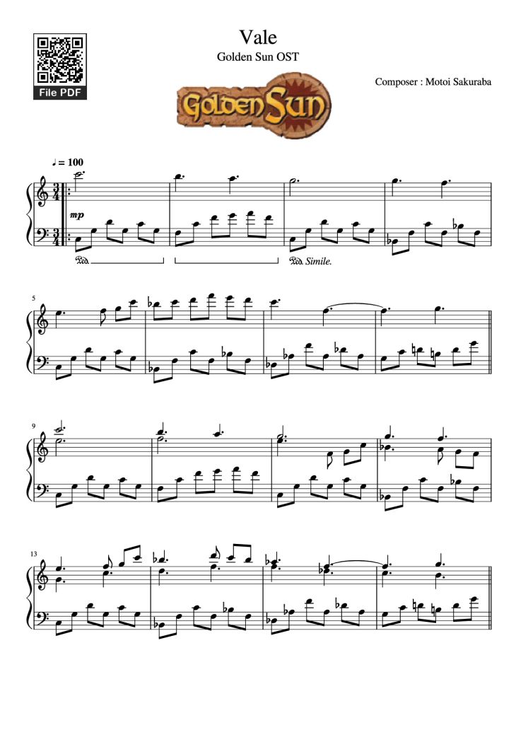 Page 1 of the piano sheet music PDF Piano – Vale Golden OST by Motoi Sakuraba