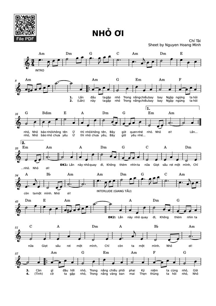 Page 1 of the piano sheet music PDF Piano – Nhỏ ơi (bản Chí Tài) by Đào Quang Nhật