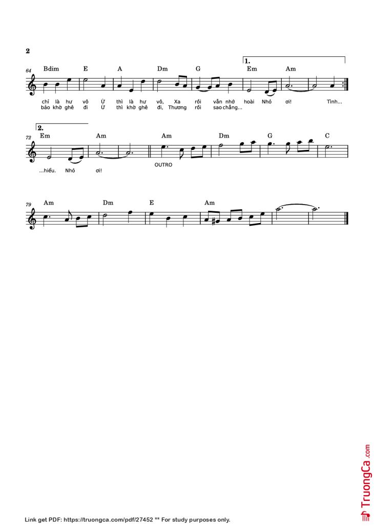 Page 2 of the piano sheet music PDF Piano – Nhỏ ơi (bản Chí Tài) by Đào Quang Nhật