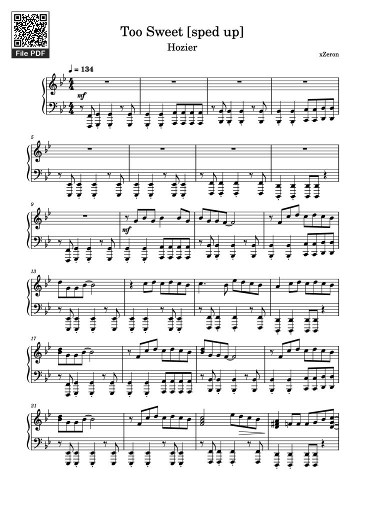 Page 1 of the piano sheet music PDF Piano – Too Sweet [sped up] Piano by XZeron