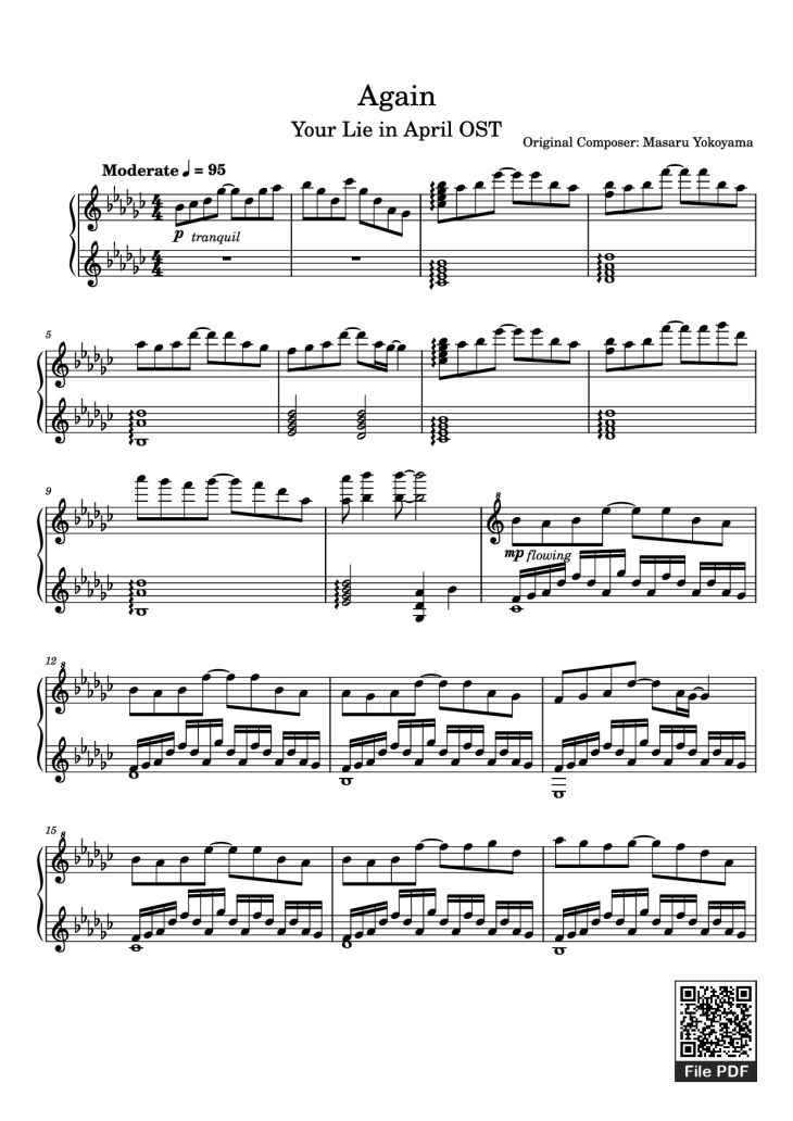 Page 1 of the piano sheet music PDF Piano – Again Piano by Original Composer: Masaru Yokoyama